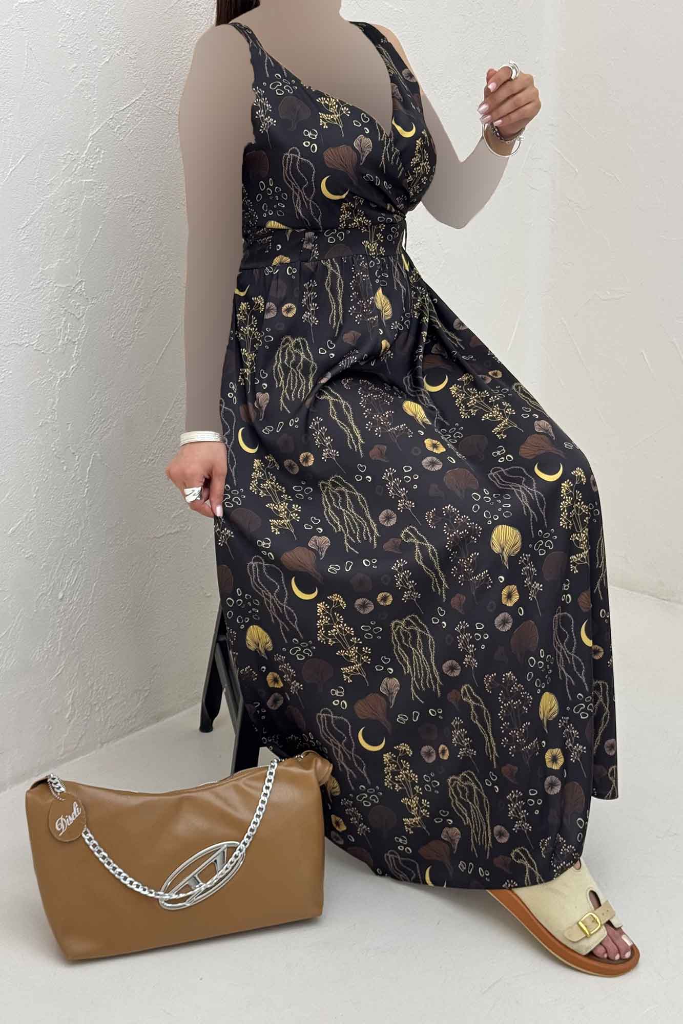 پیراهن ساحلی ساتن حریر طرح ماه برگ