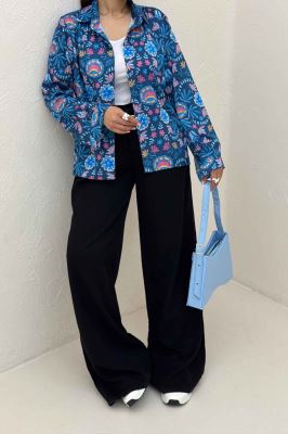 شومیز ساتن حریر دکمه مخفی طرح نقشینه