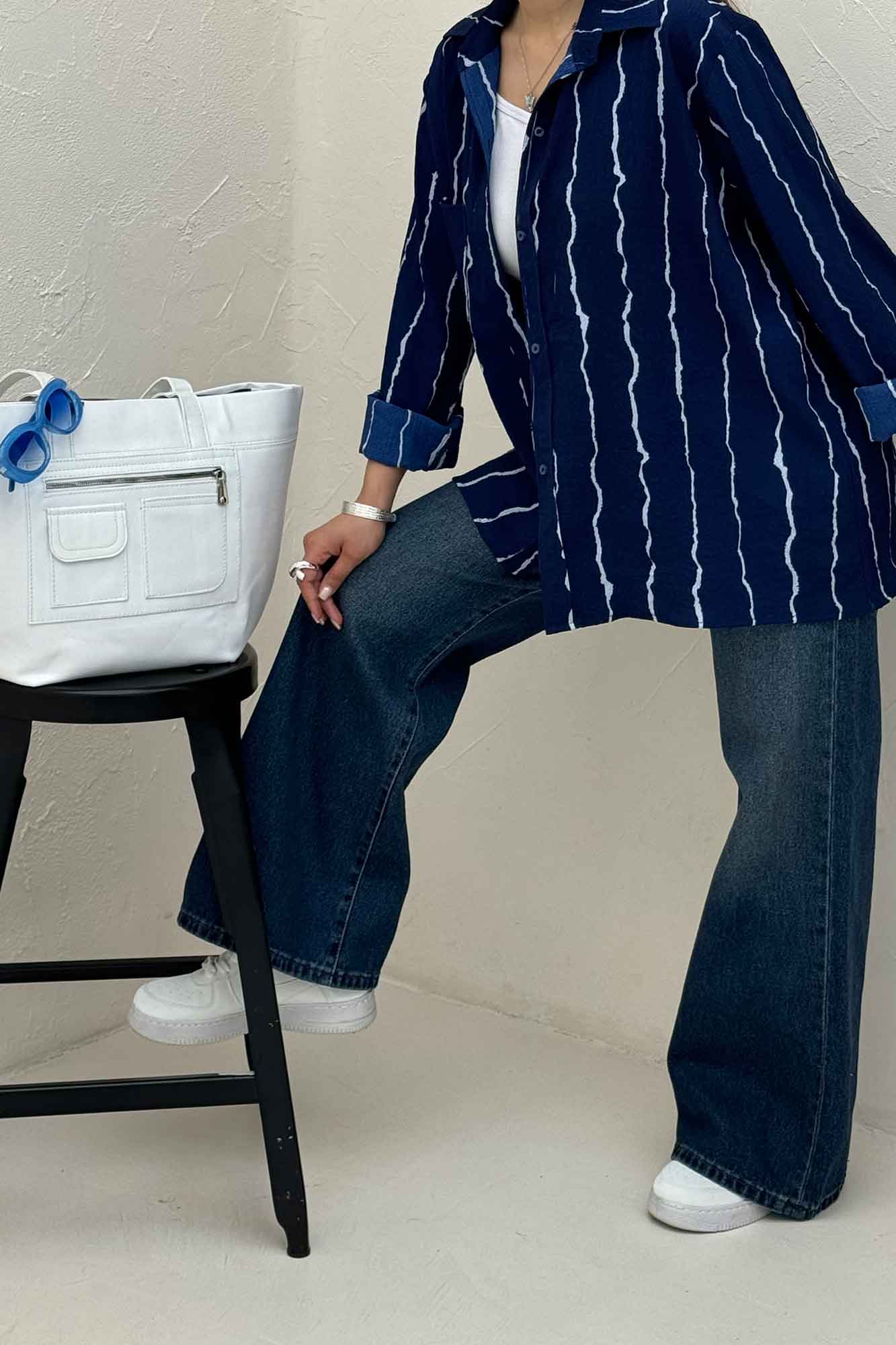 شومیز مانتویی کریشه راه راه تک جیب