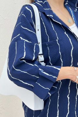 شومیز مانتویی کریشه راه راه آستین پاگن