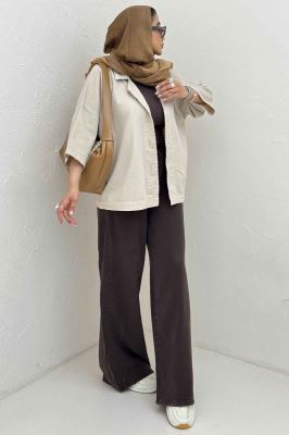 مانتو کتان آستین سه رب یقه شکاری TR