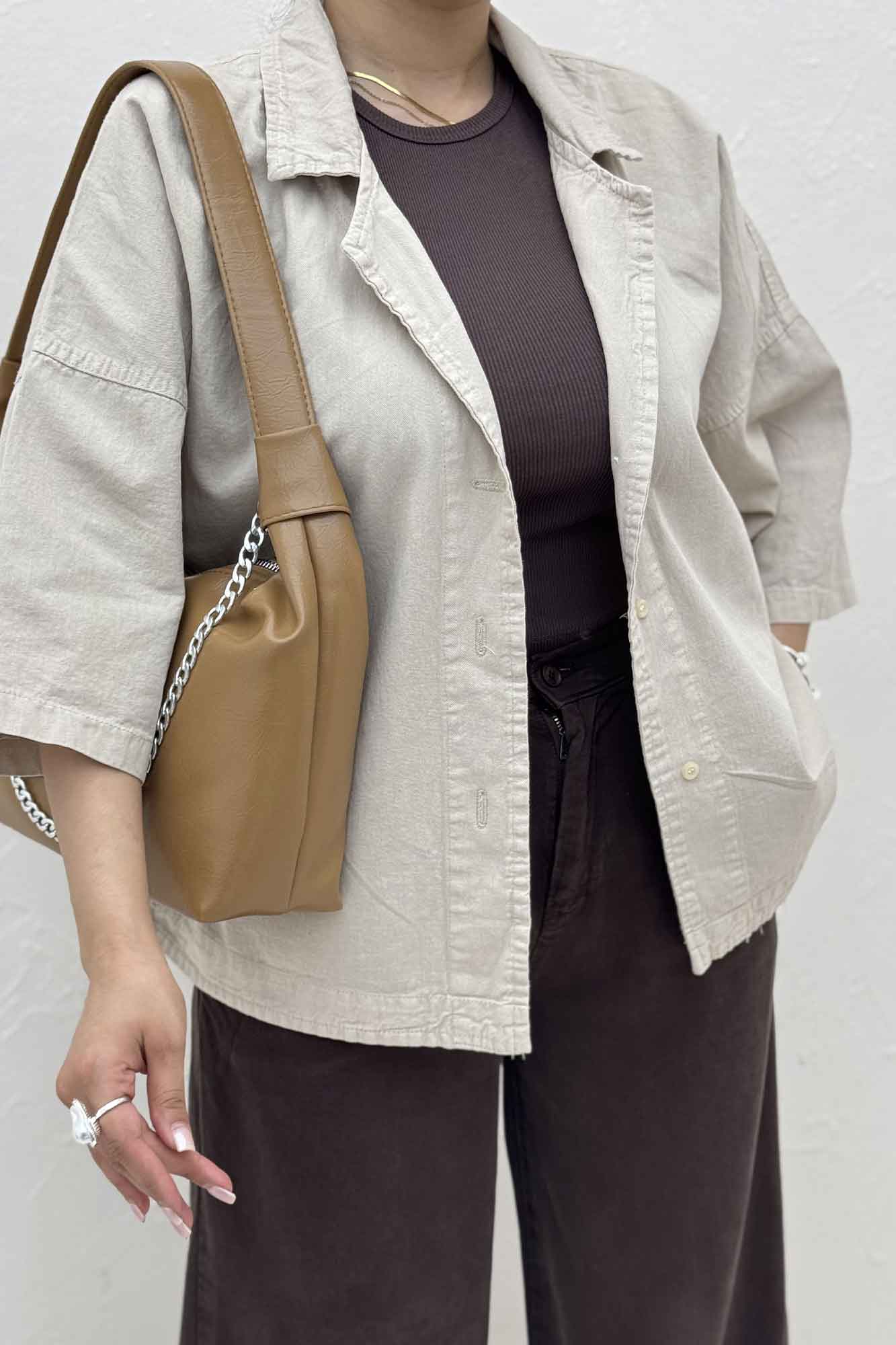 مانتو کتان آستین سه رب یقه شکاری TR