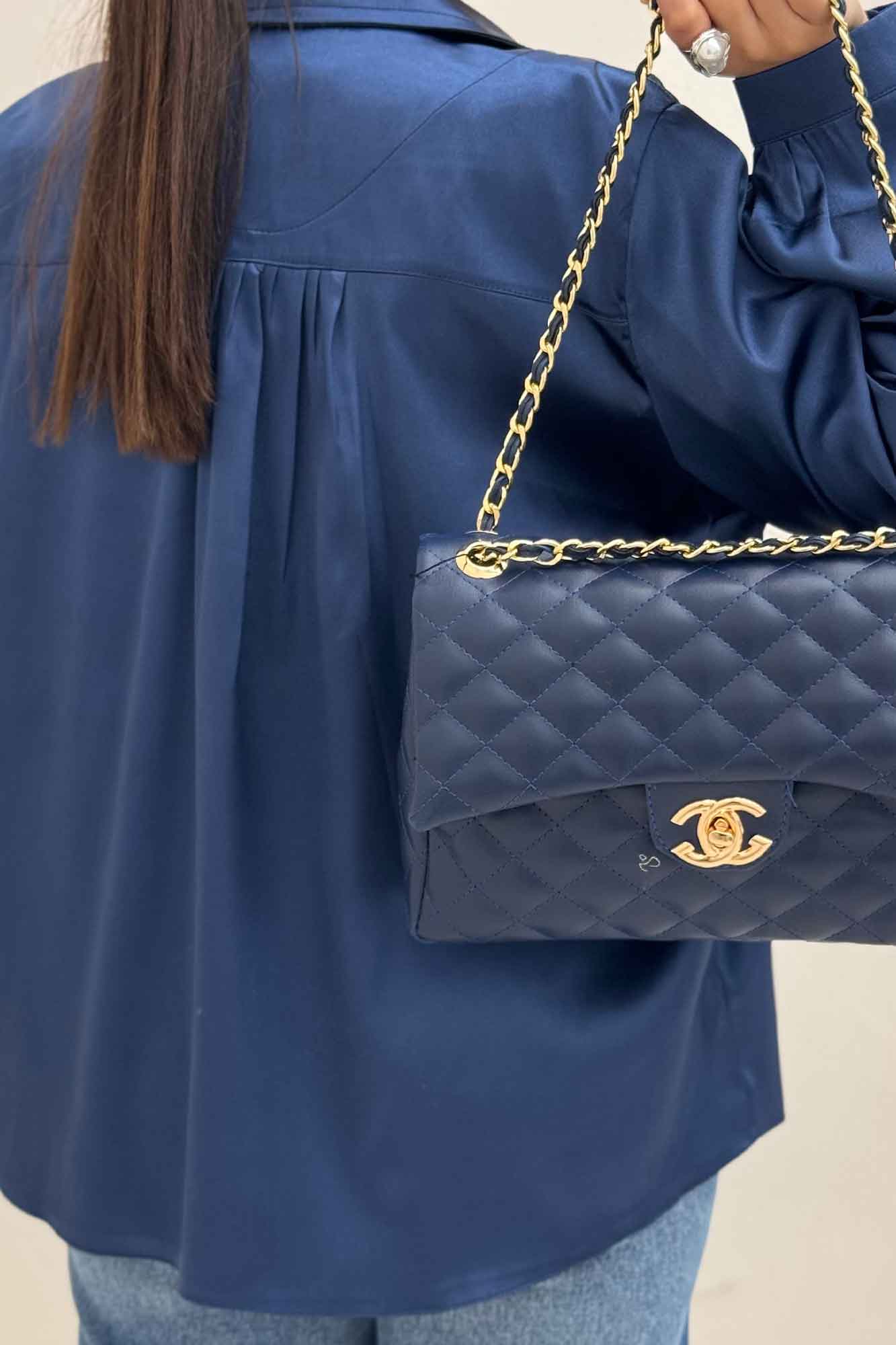 شومیز مانتویی ساتن دکمه مخفی