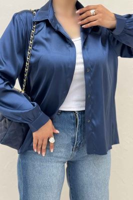 شومیز مانتویی ساتن دکمه مخفی