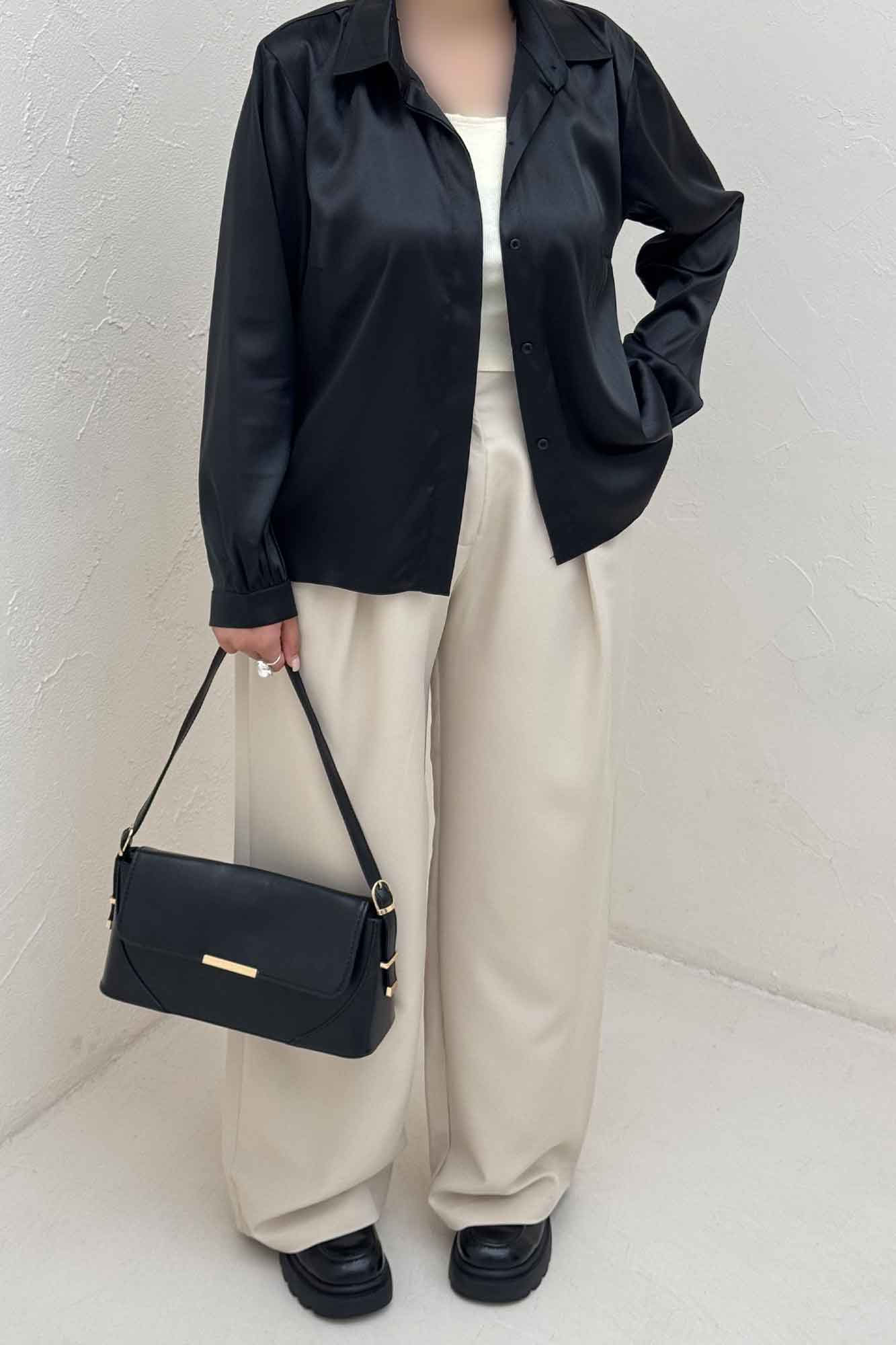 شومیز مانتویی ساتن دکمه مخفی