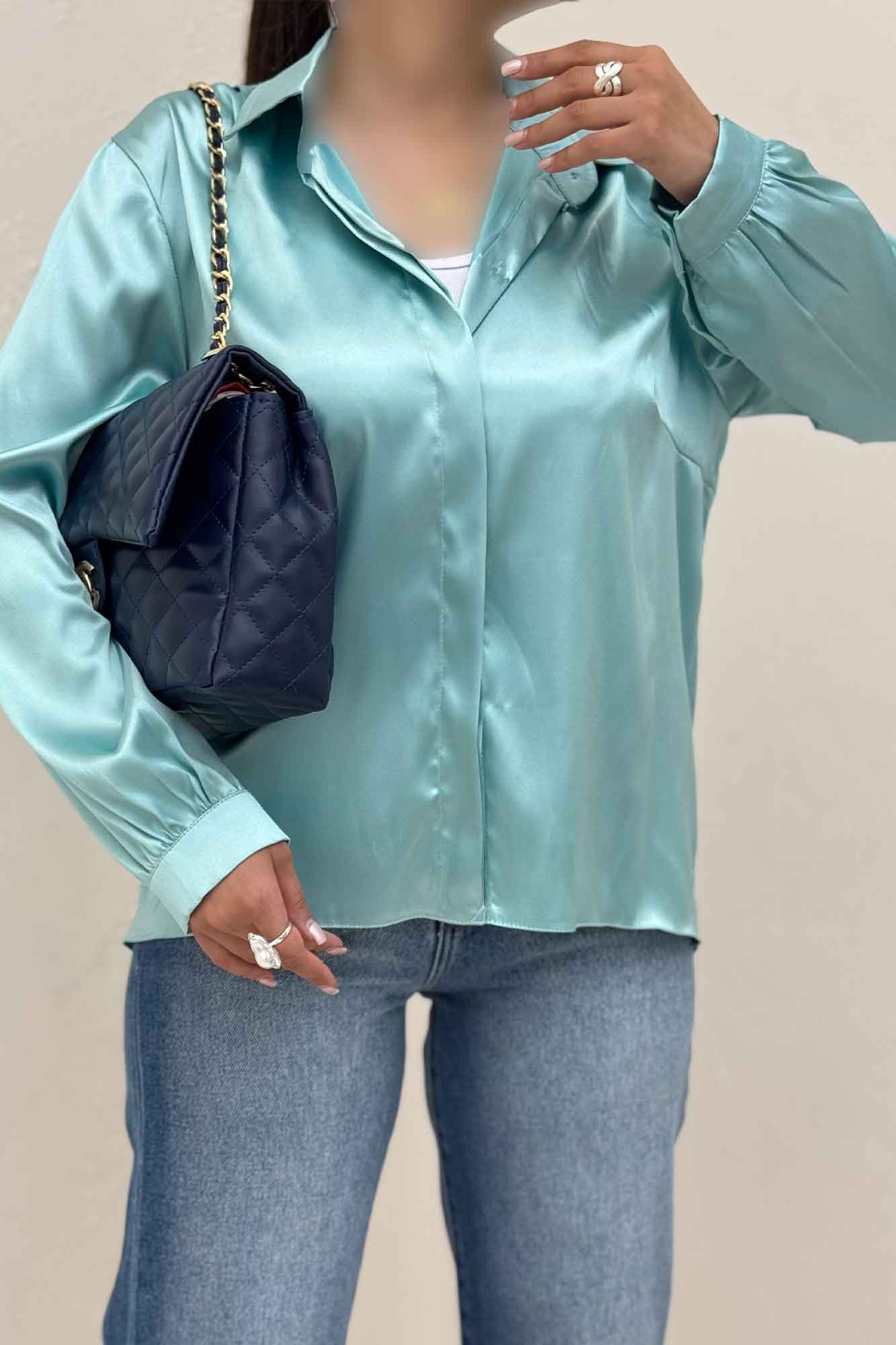 شومیز مانتویی ساتن دکمه مخفی