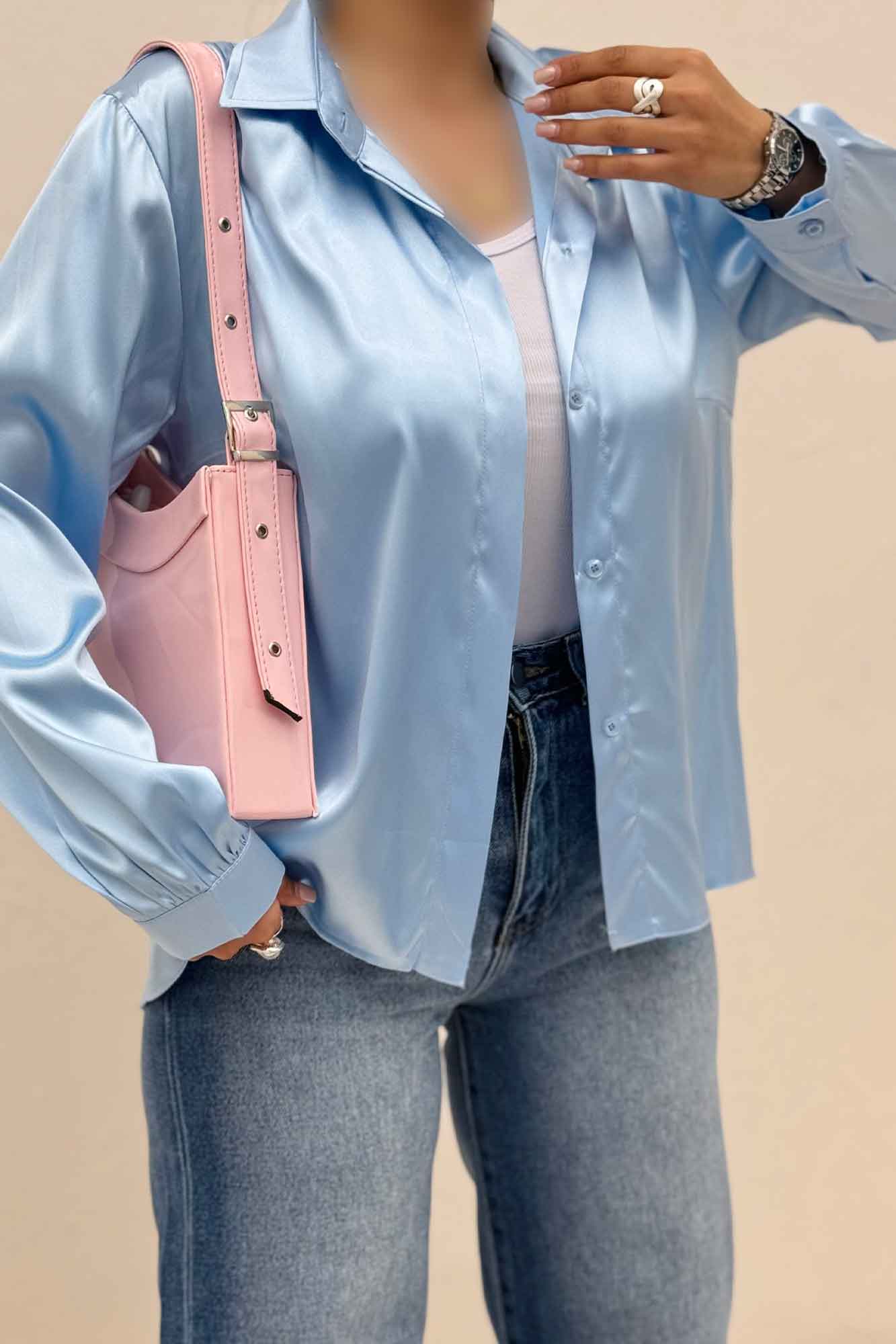 شومیز مانتویی ساتن دکمه مخفی