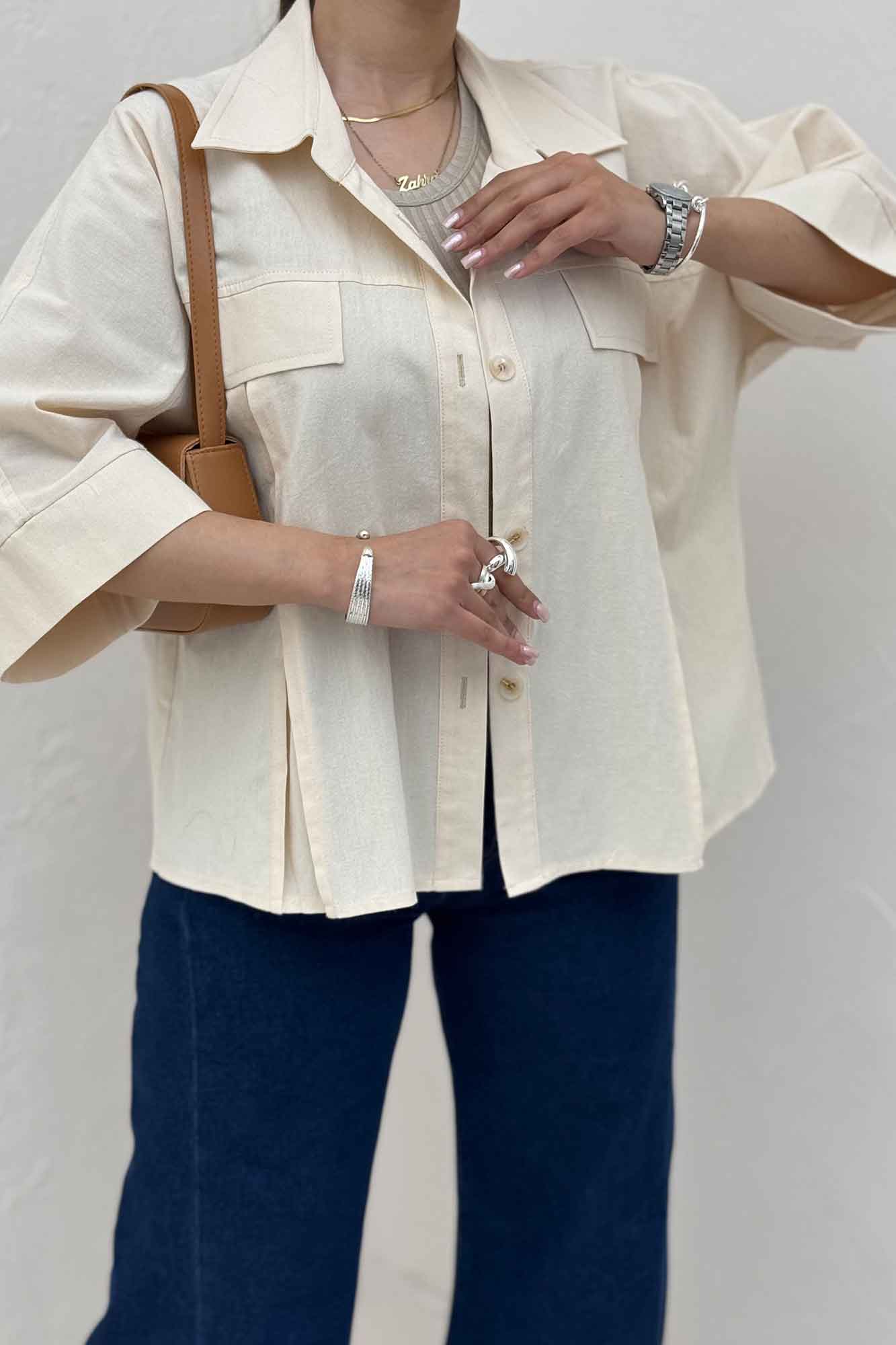 کت لینن آستین سه رب جلو پیله 