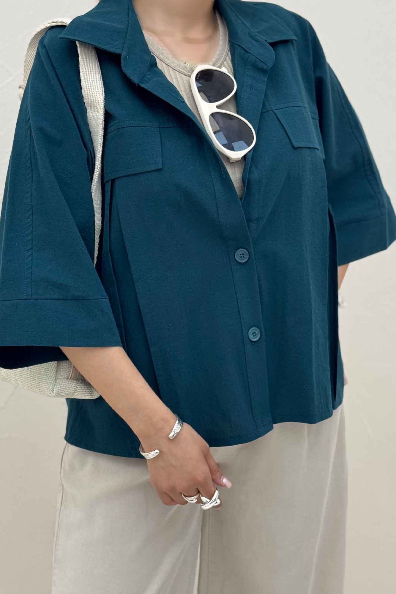 کت لینن آستین سه رب جلو پیله 