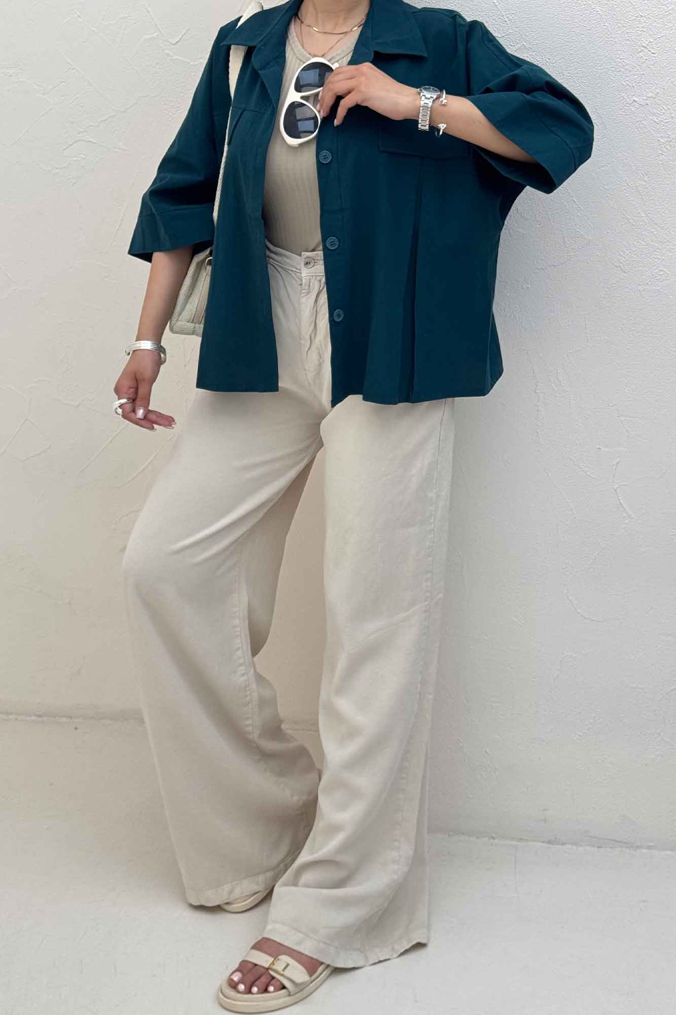 کت لینن آستین سه رب جلو پیله 