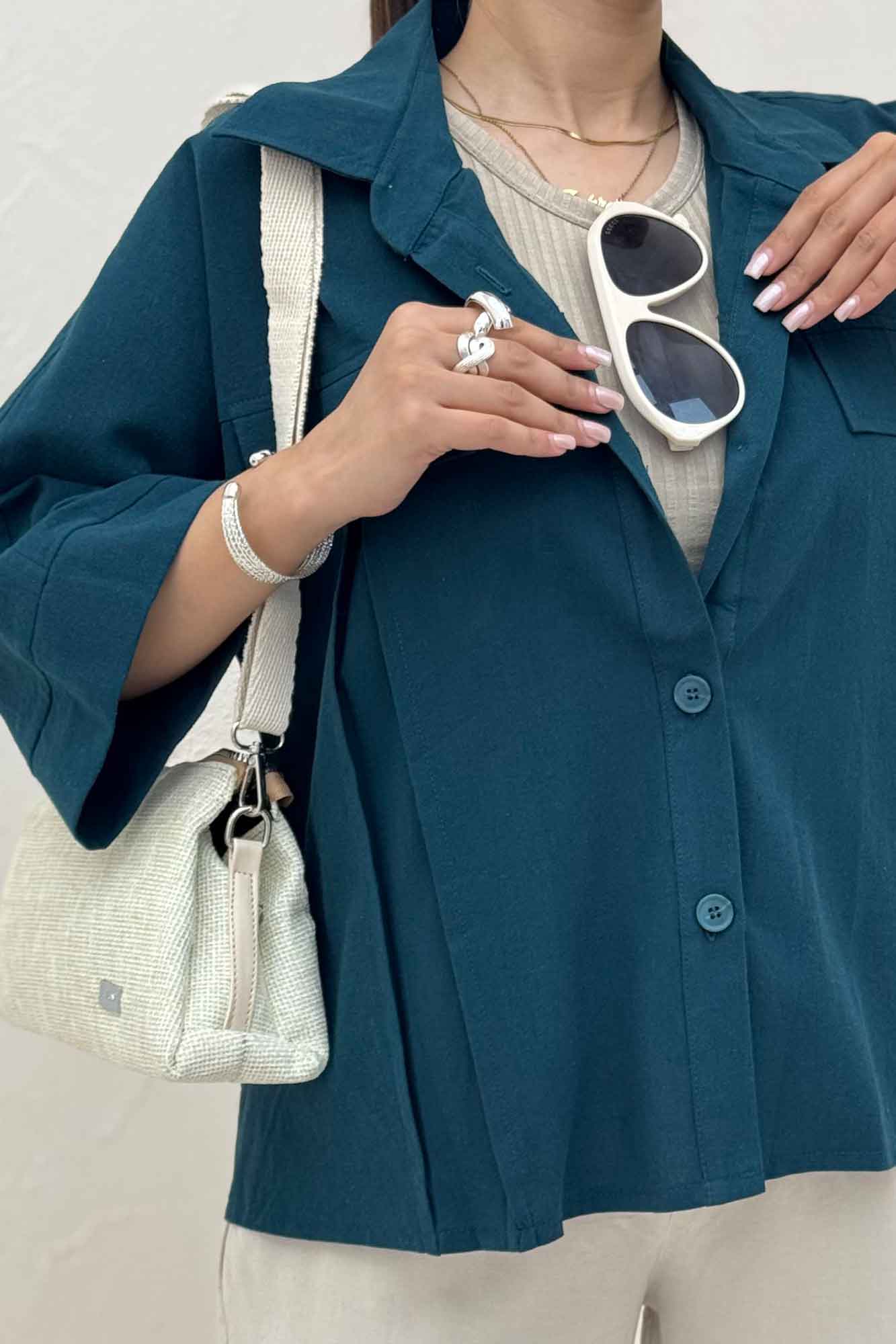 کت لینن آستین سه رب جلو پیله 