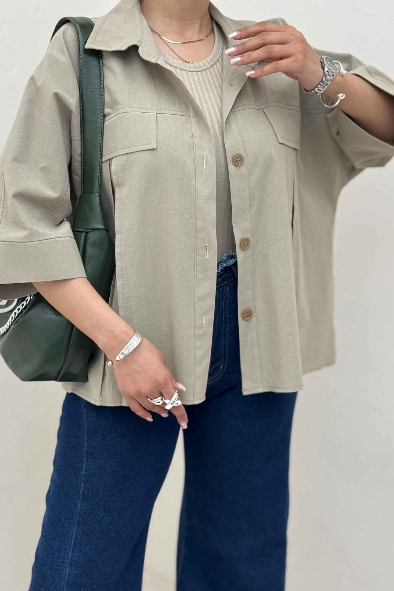 کت لینن آستین سه رب جلو پیله 