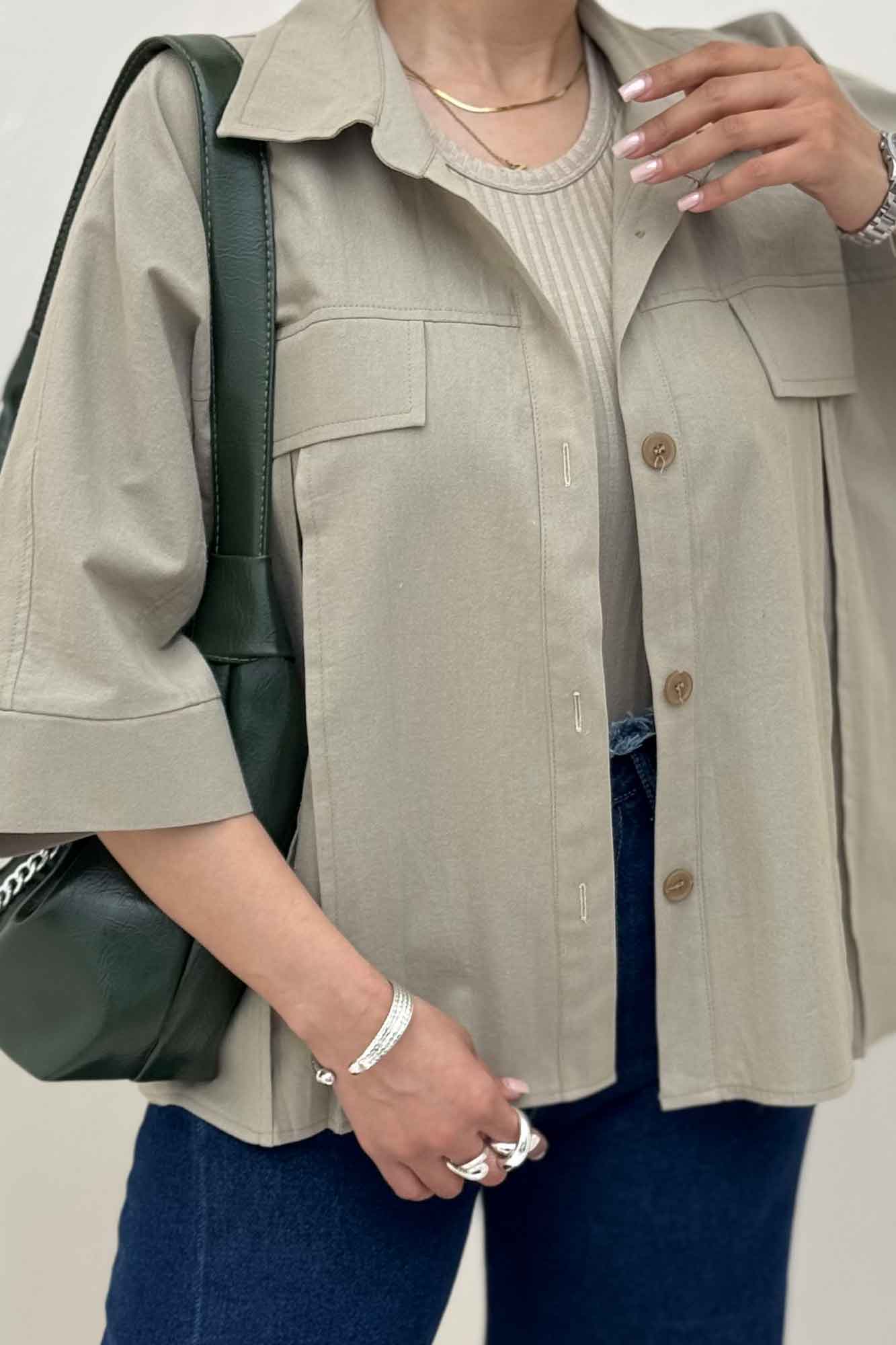 کت لینن آستین سه رب جلو پیله 