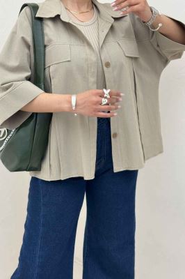 کت لینن آستین سه رب جلو پیله 