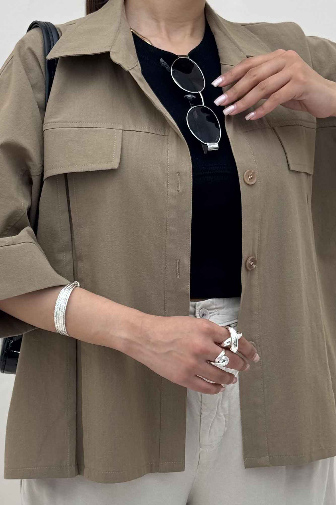 کت لینن آستین سه رب جلو پیله 