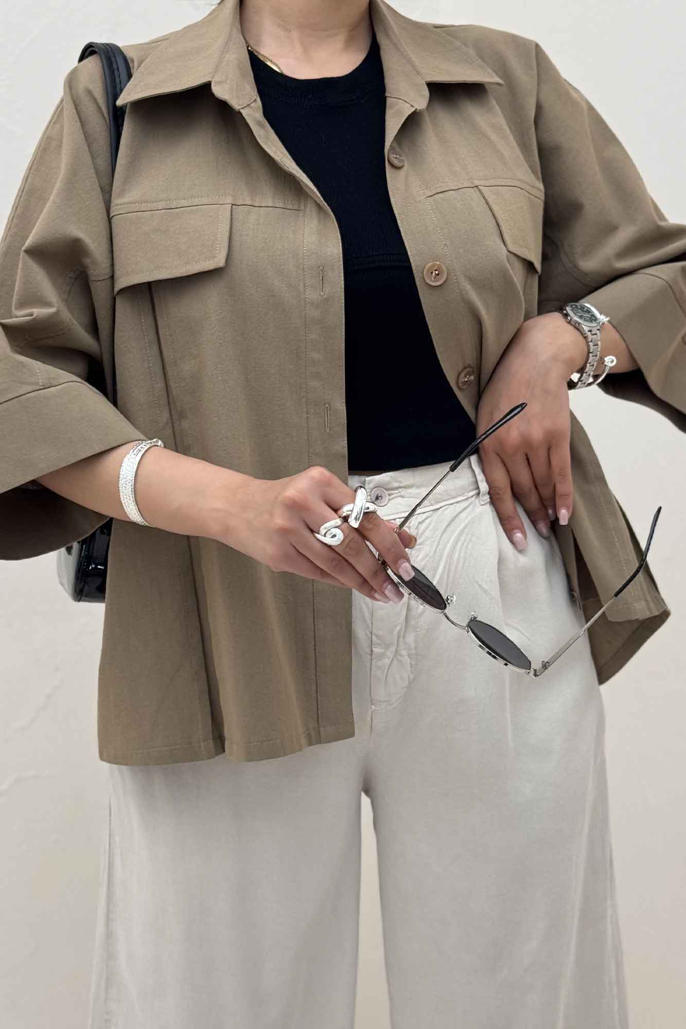 کت لینن آستین سه رب جلو پیله 