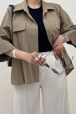 کت لینن آستین سه رب جلو پیله 