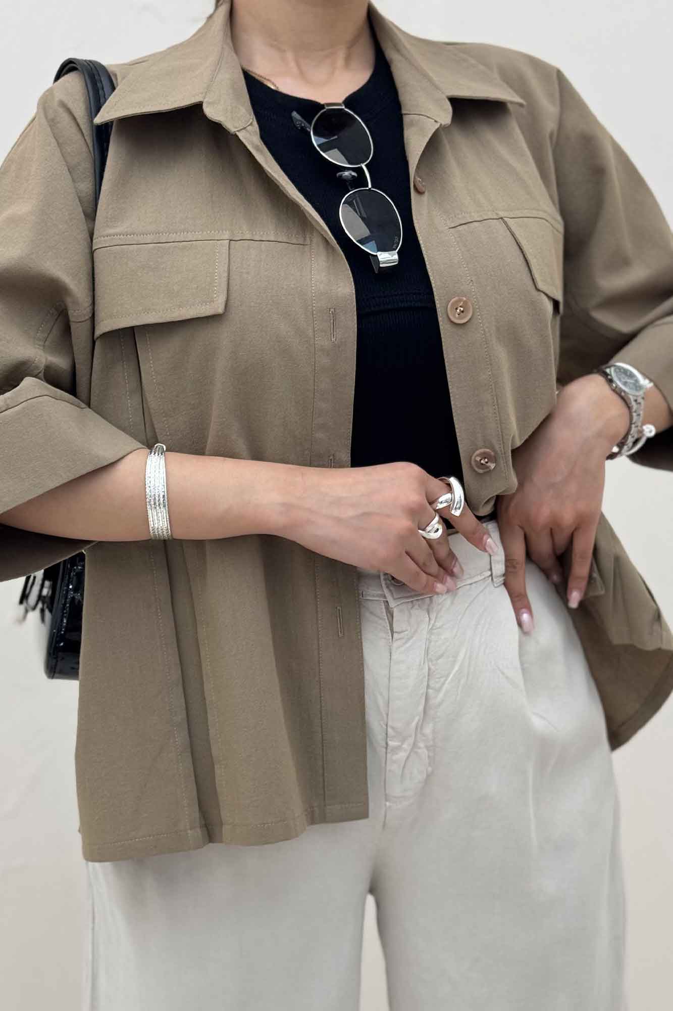 کت لینن آستین سه رب جلو پیله 