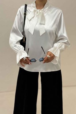 بلوز ساتن یقه کراواتی