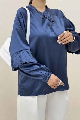 بلوز ساتن یقه گت آستین چین دار