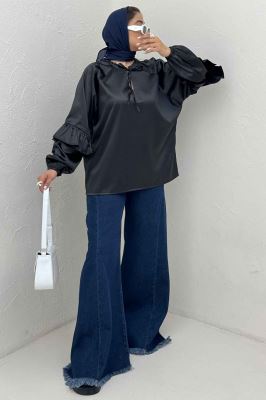 بلوز ساتن یقه گت آستین چین دار