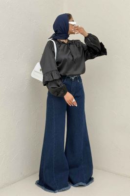 بلوز ساتن یقه گت آستین چین دار