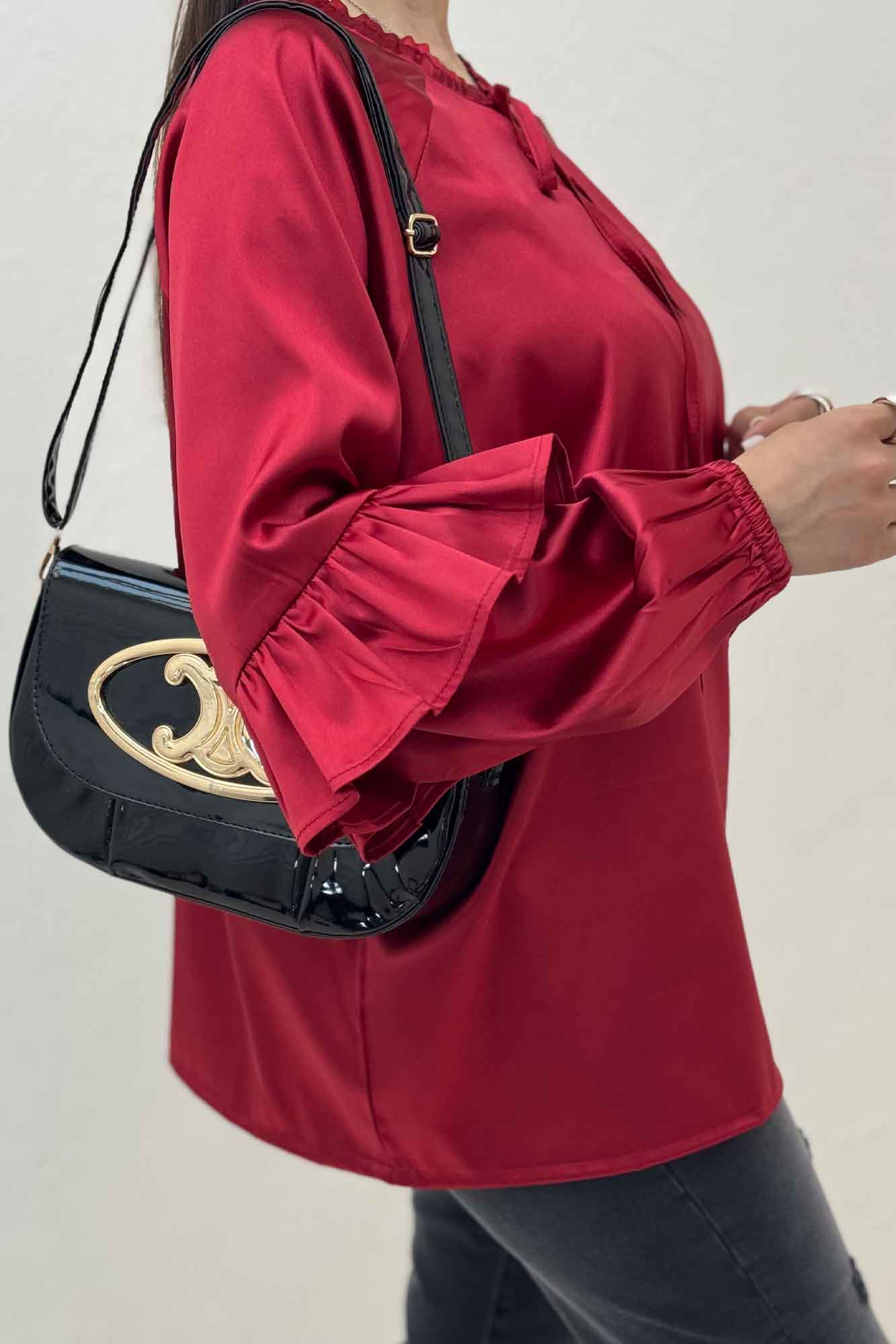 بلوز ساتن یقه گت آستین چین دار