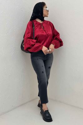 بلوز ساتن یقه گت آستین چین دار