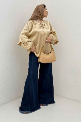 بلوز ساتن یقه گت آستین چین دار