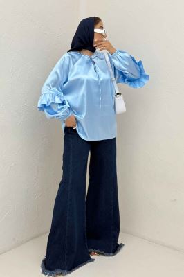 بلوز ساتن یقه گت آستین چین دار