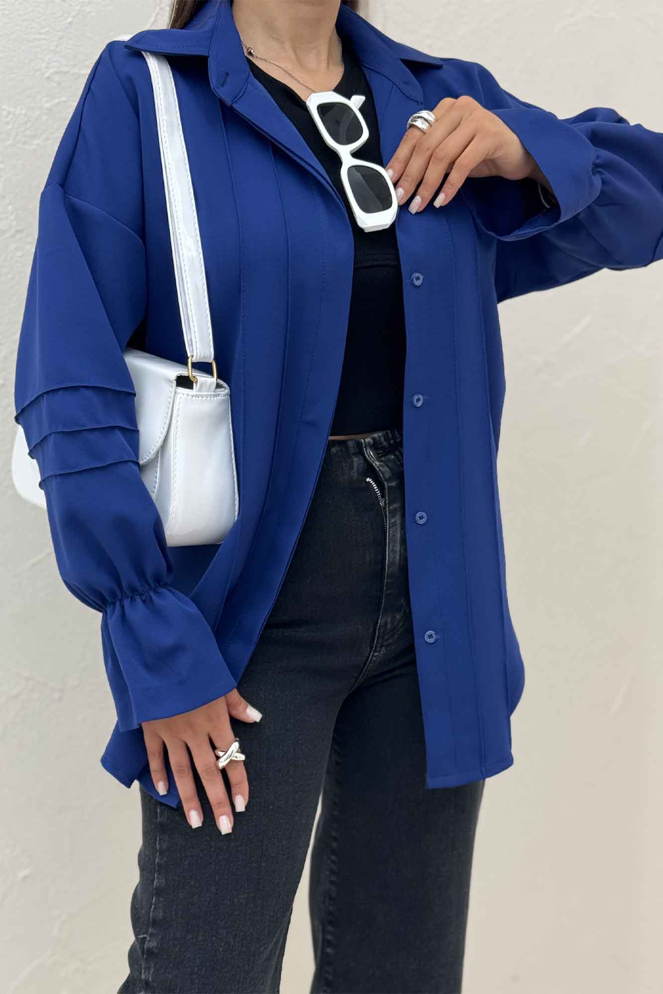 شومیز مانتویی خط دار آستین عروسکی 