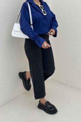 شومیز مانتویی خط دار آستین عروسکی 