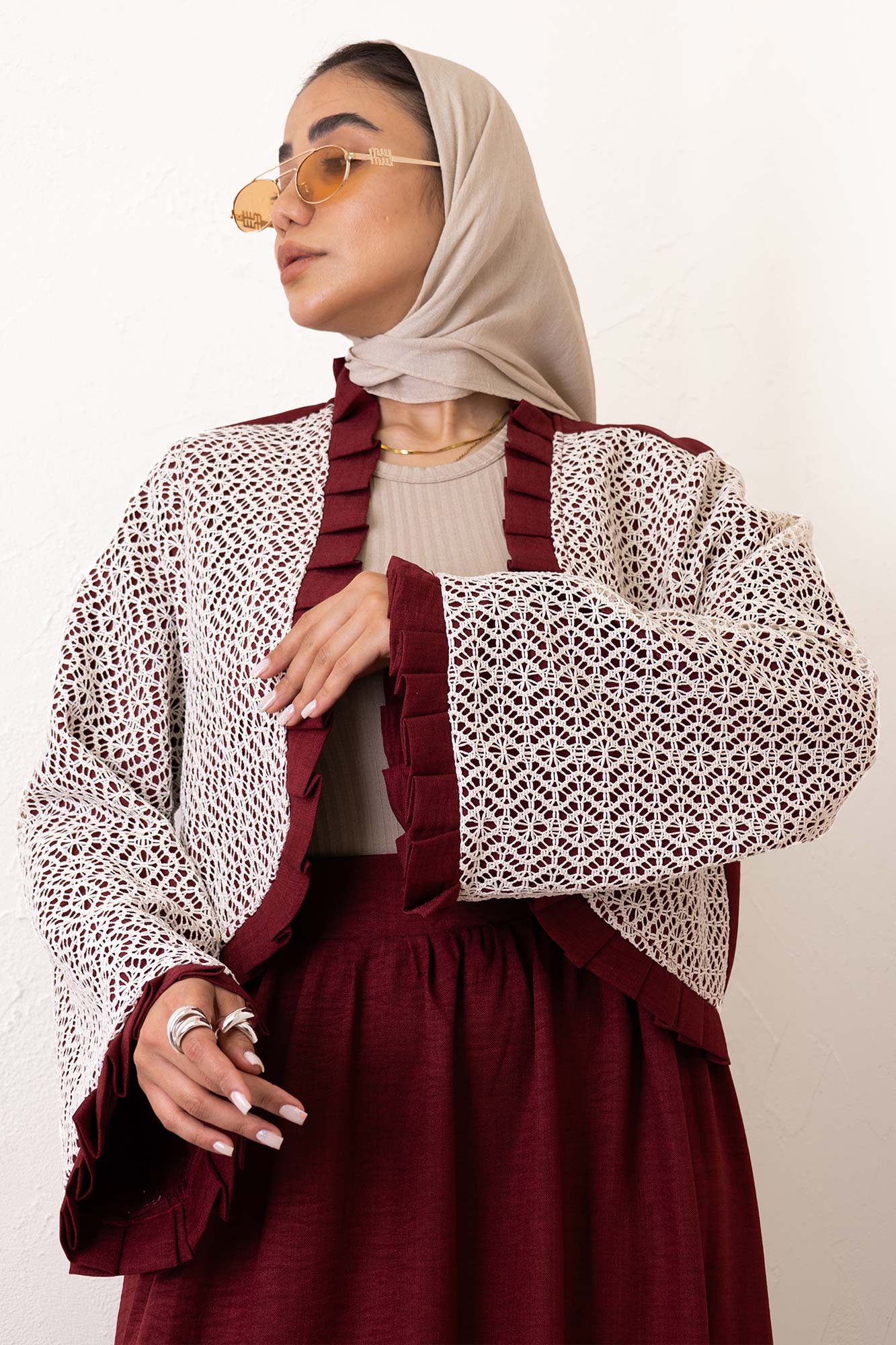 ست کت و دامن شانتون قلاب بافی دور پیله