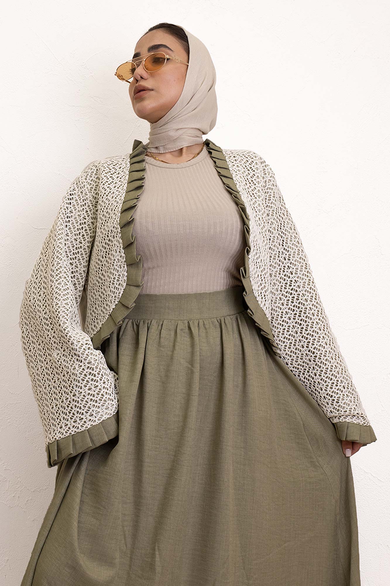 ست کت و دامن شانتون قلاب بافی دور پیله