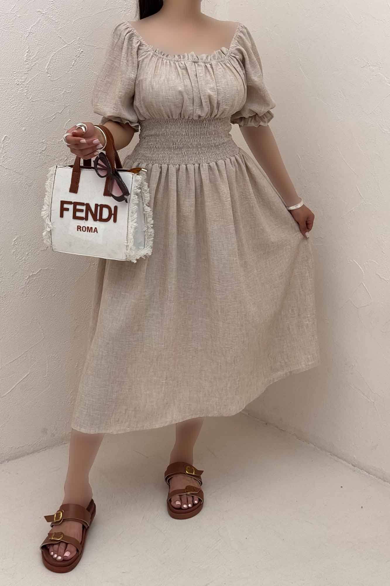 پیراهن شانتون زارا کمرکش یقه خشتی