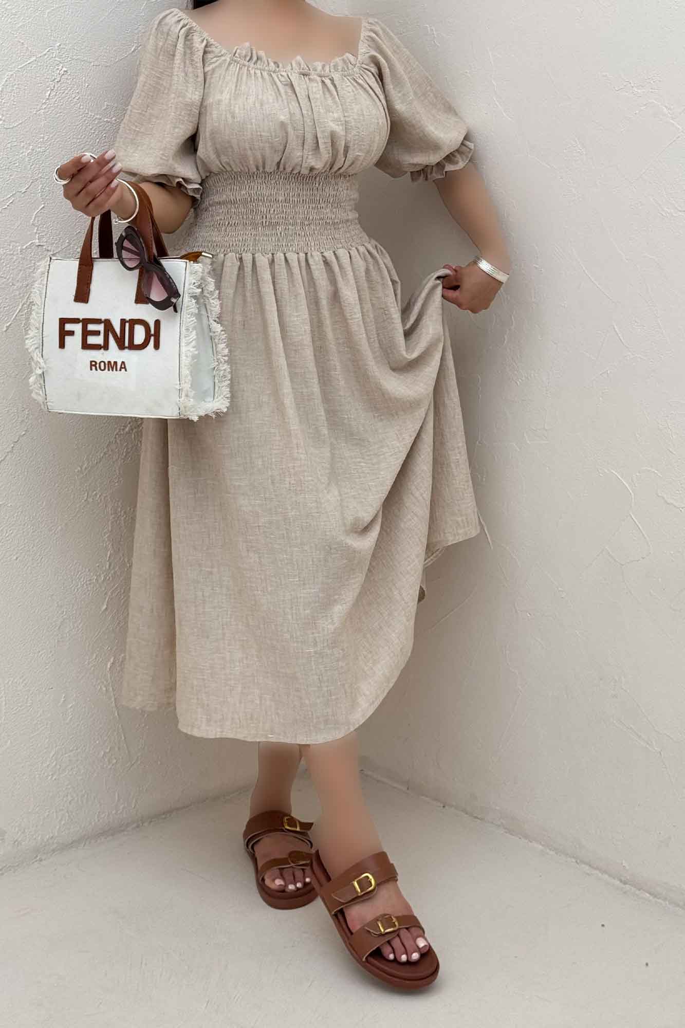 پیراهن شانتون زارا کمرکش یقه خشتی