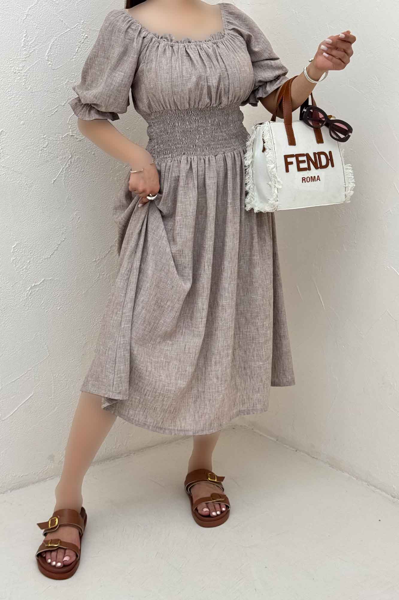 پیراهن شانتون زارا کمرکش یقه خشتی