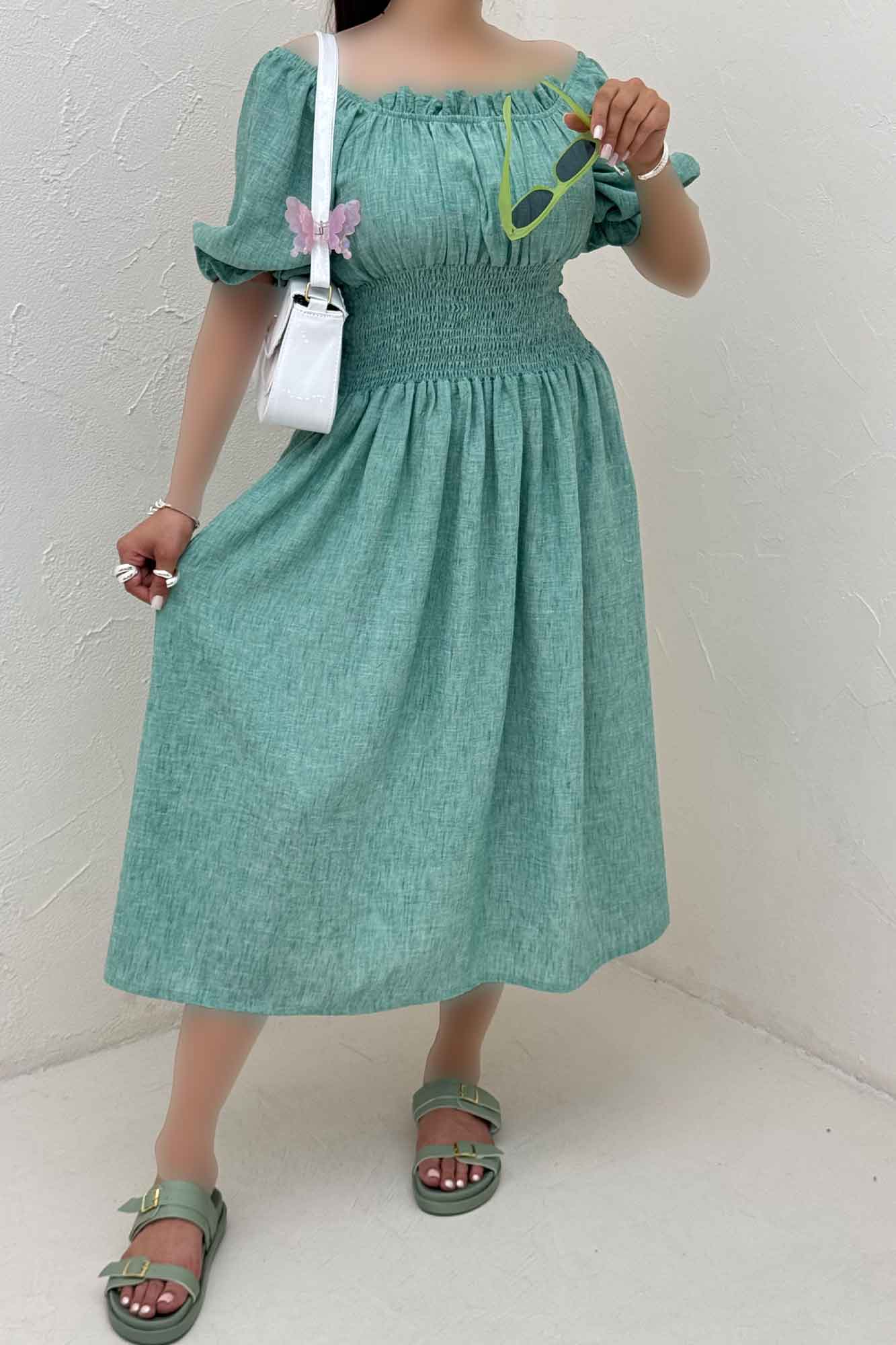 پیراهن شانتون زارا کمرکش یقه خشتی