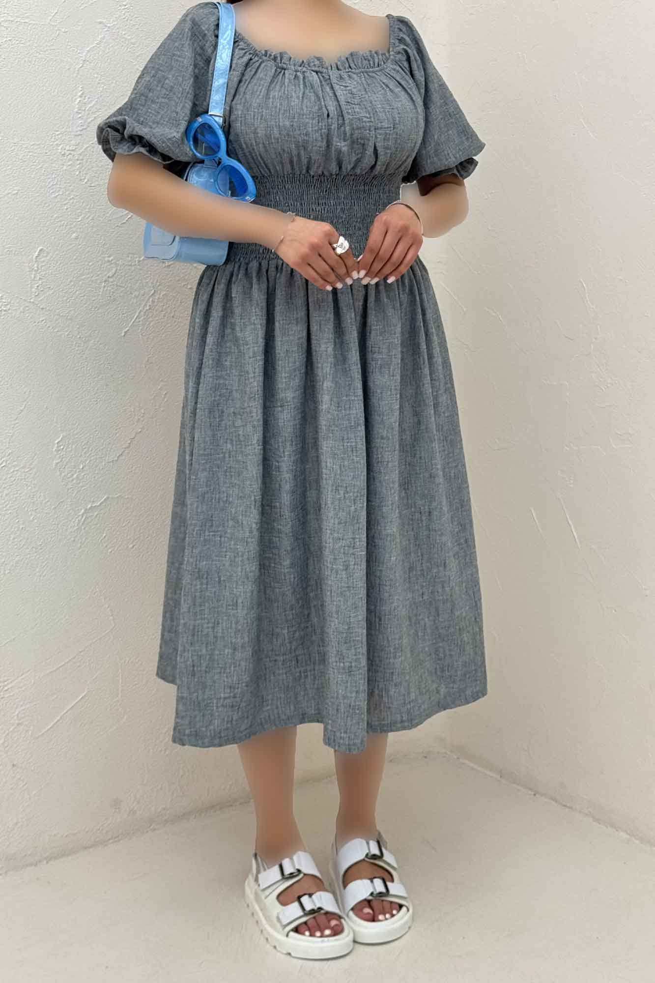 پیراهن شانتون زارا کمرکش یقه خشتی