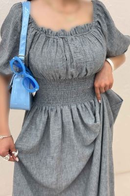 پیراهن شانتون زارا کمرکش یقه خشتی