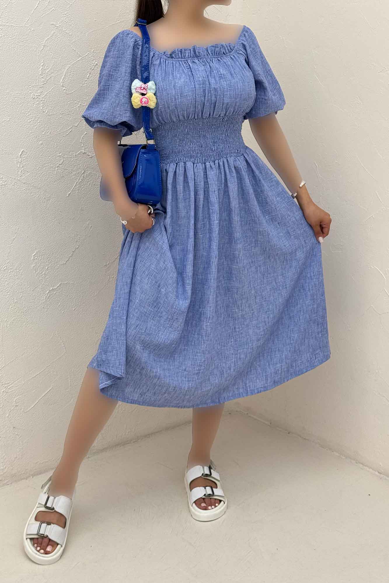 پیراهن شانتون زارا کمرکش یقه خشتی