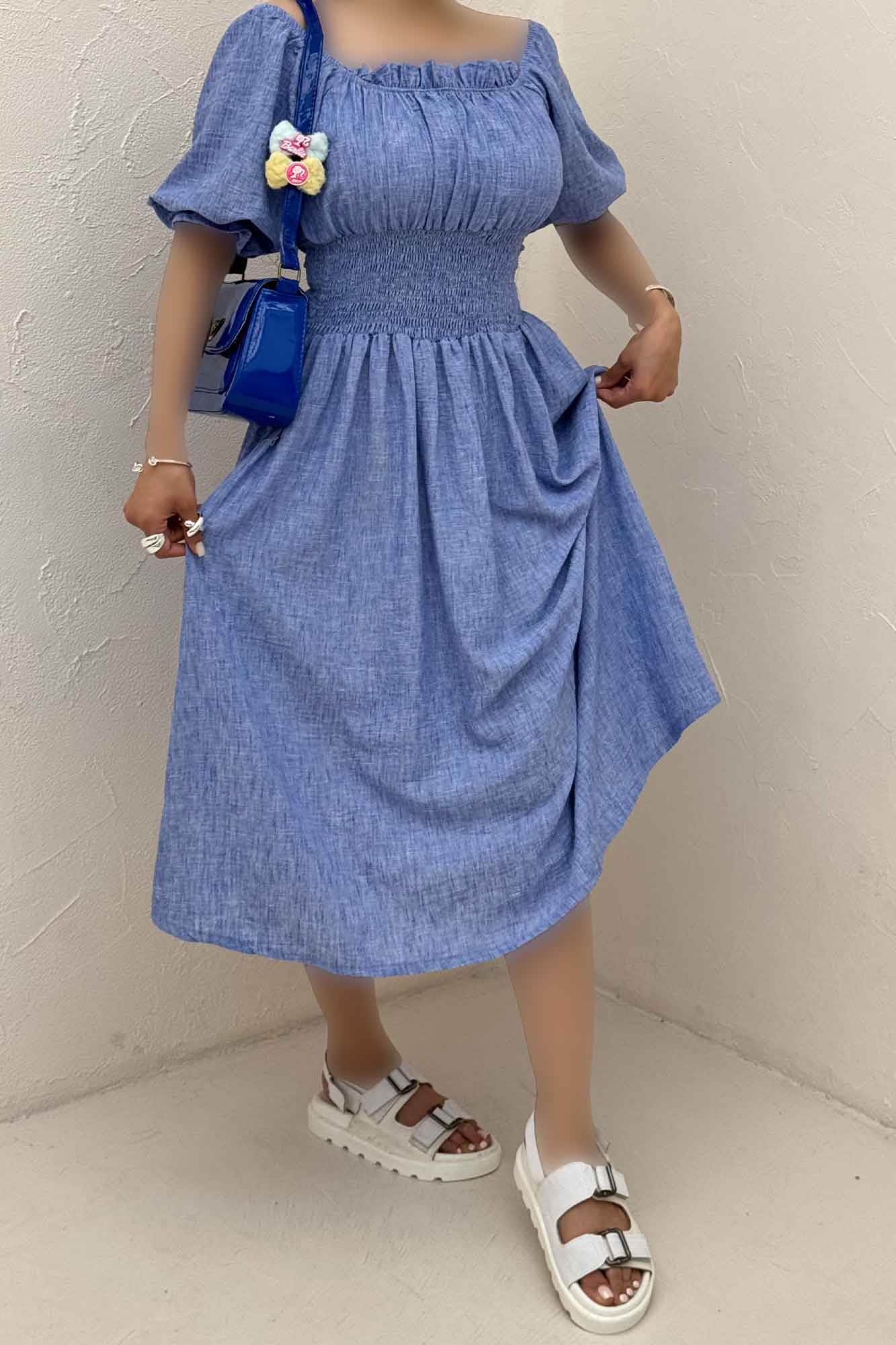 پیراهن شانتون زارا کمرکش یقه خشتی