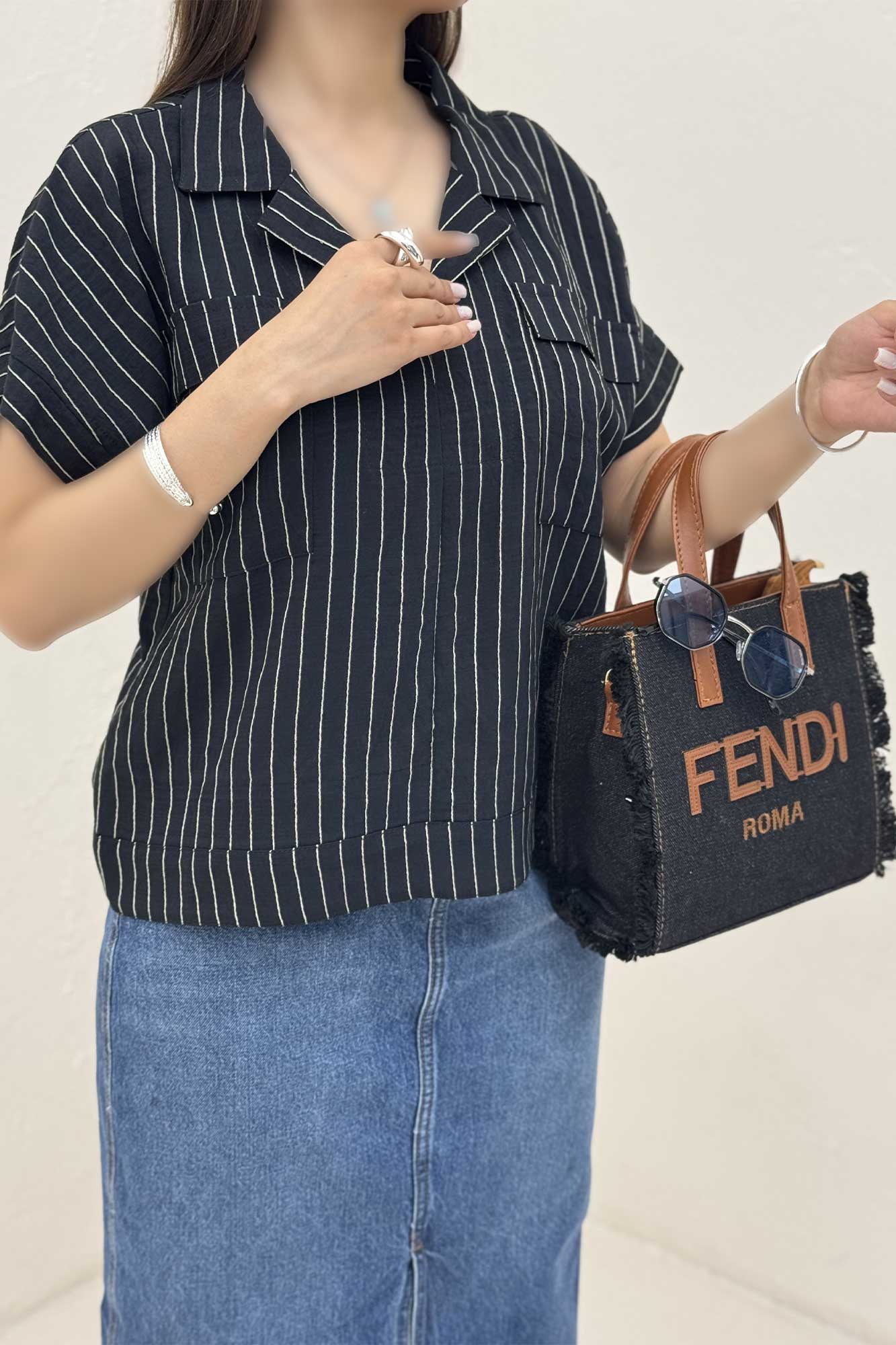 بلوز parry راه راه آستین کوتاه یقه هفت