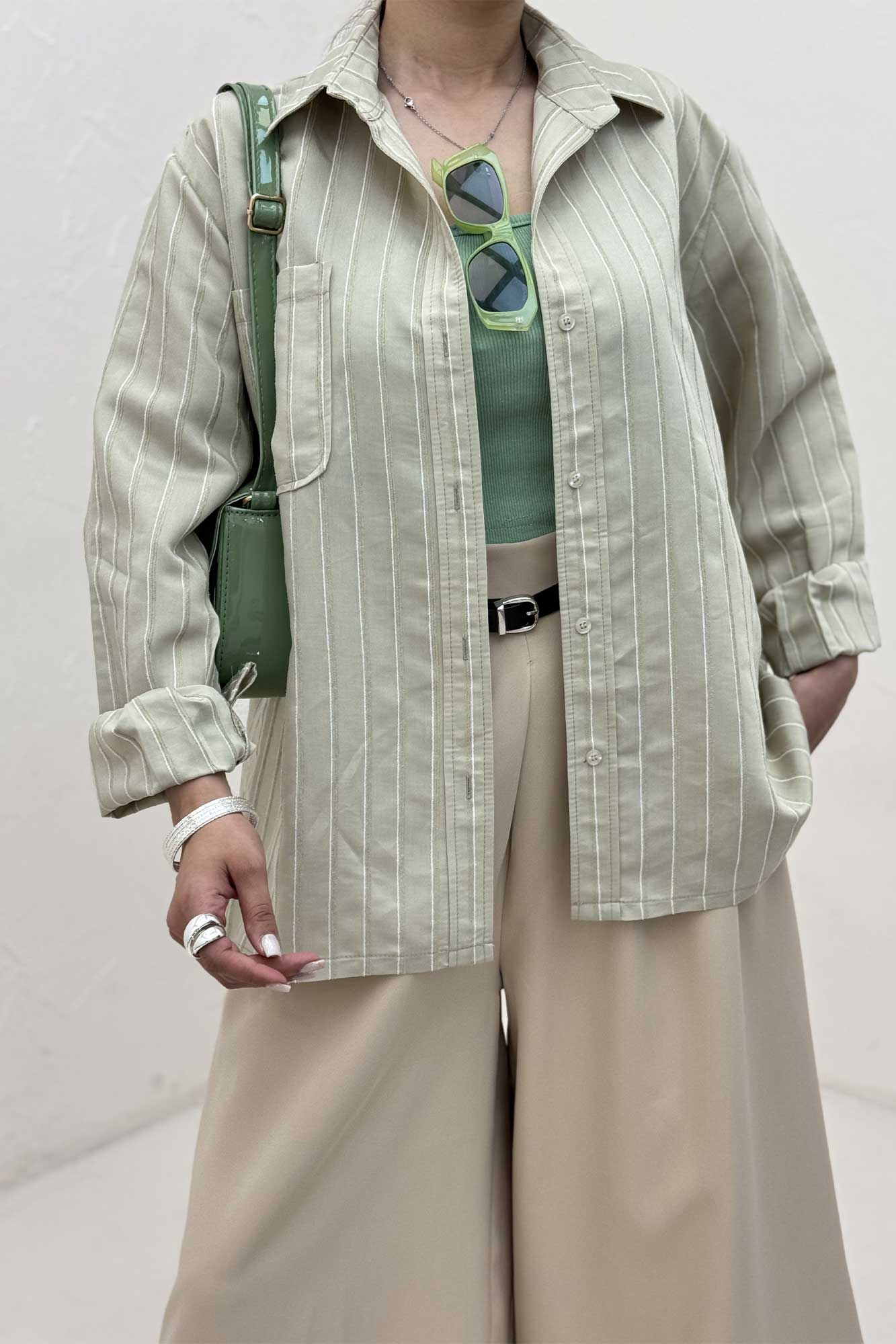 شومیز مانتویی راه راه ژاکارد تک جیب