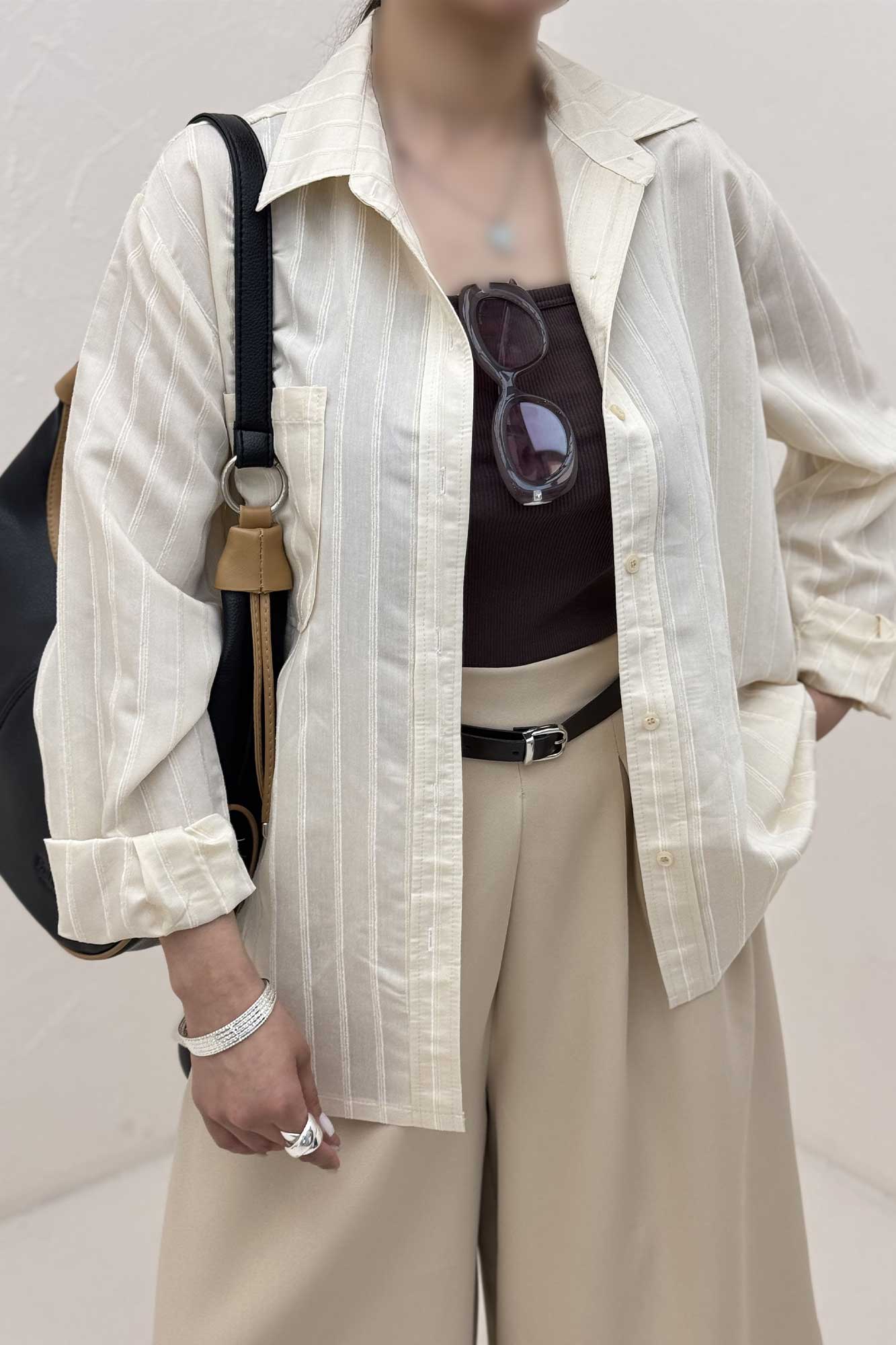 شومیز مانتویی راه راه ژاکارد تک جیب