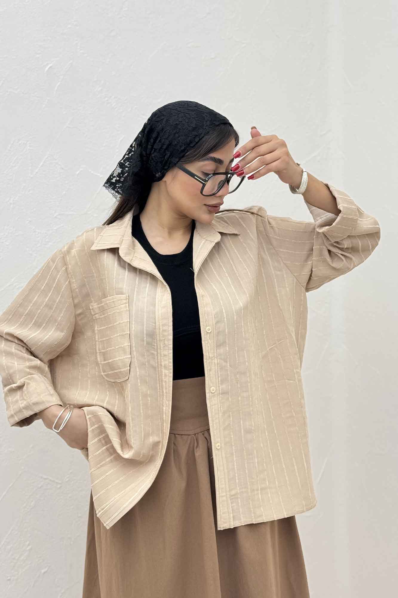 شومیز مانتویی راه راه ژاکارد تک جیب