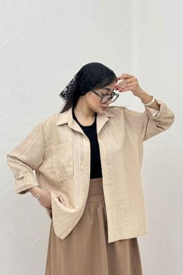 شومیز مانتویی راه راه ژاکارد تک جیب