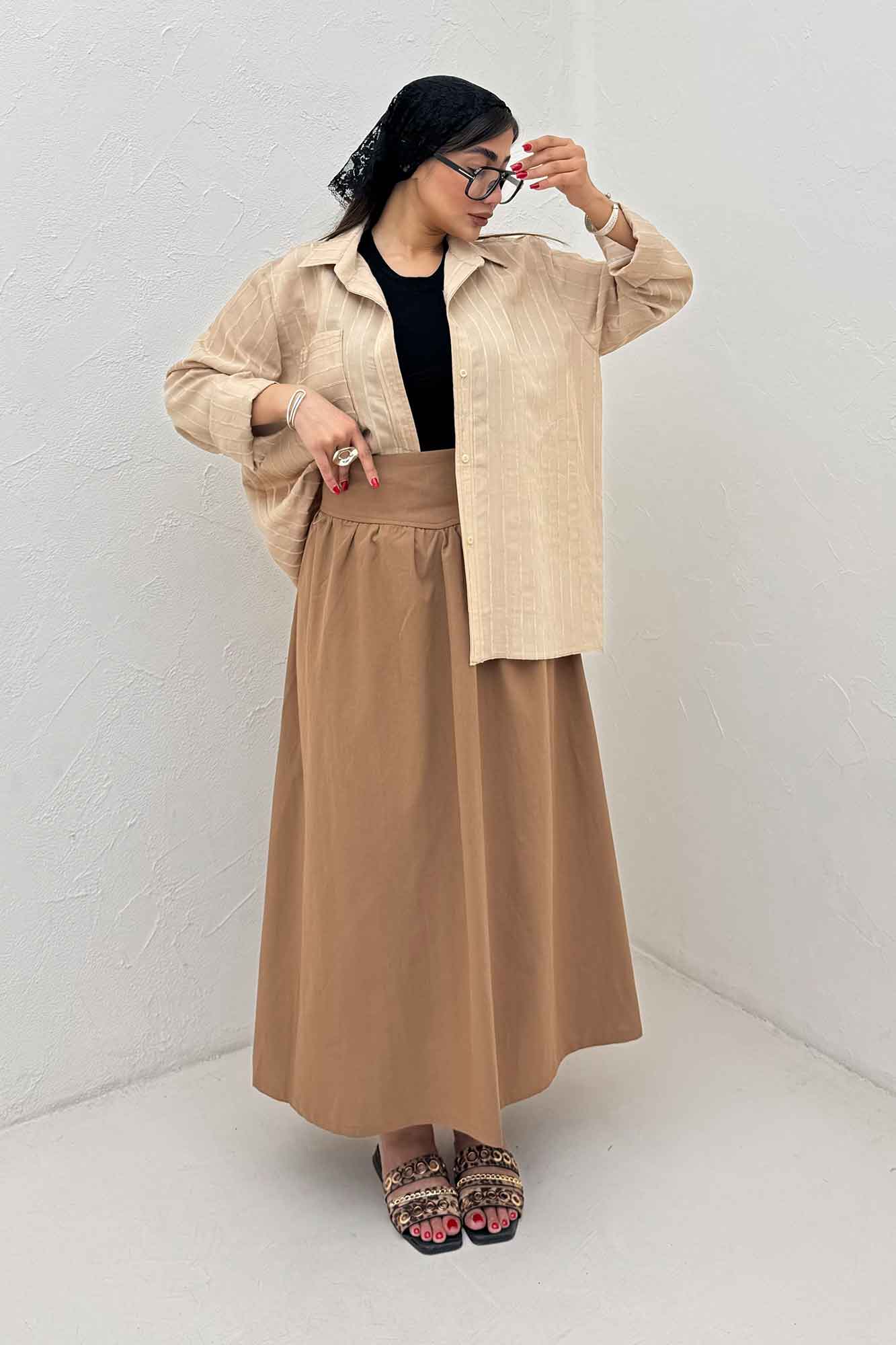 شومیز مانتویی راه راه ژاکارد تک جیب