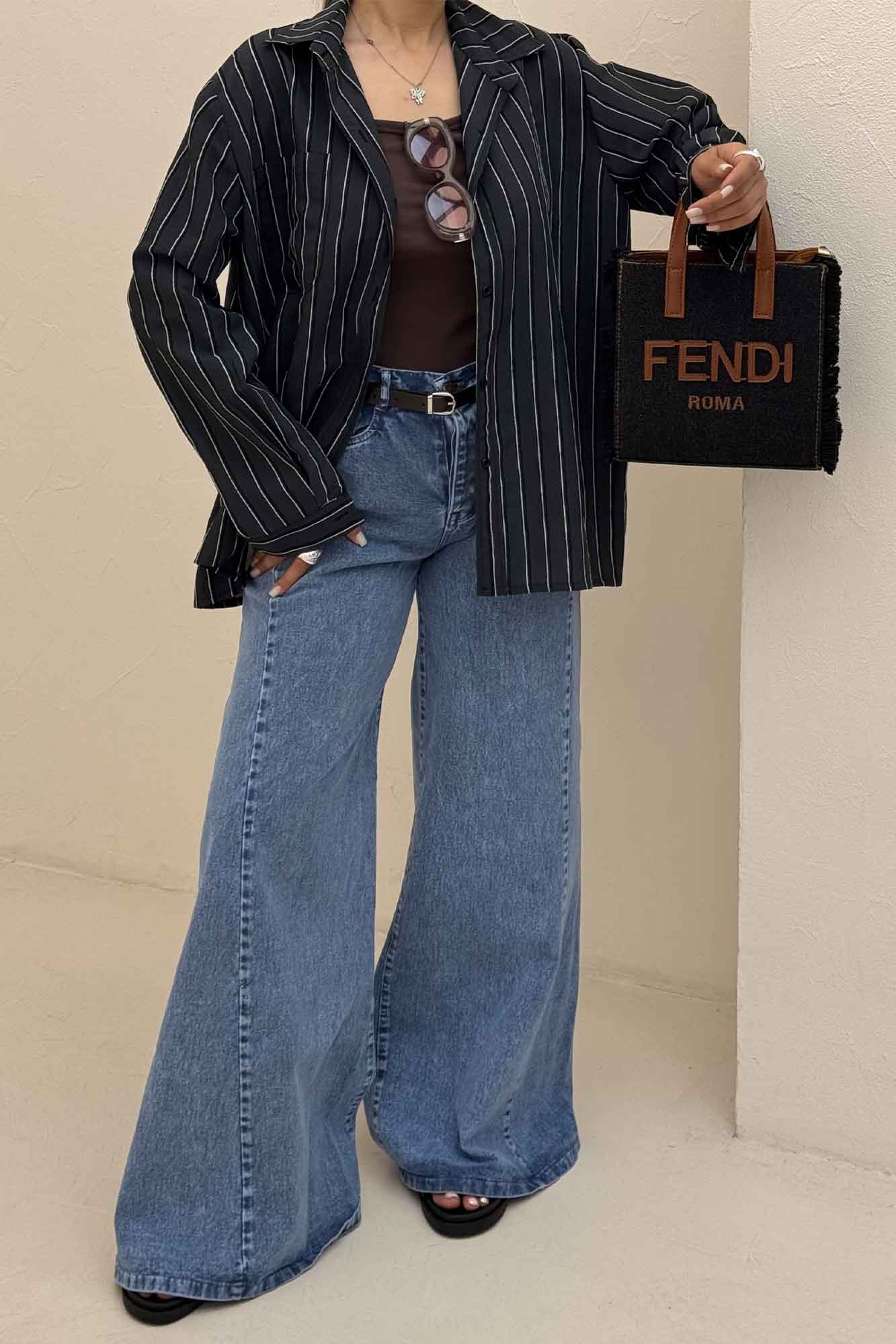 شومیز مانتویی راه راه ژاکارد تک جیب