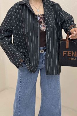 شومیز مانتویی راه راه ژاکارد تک جیب